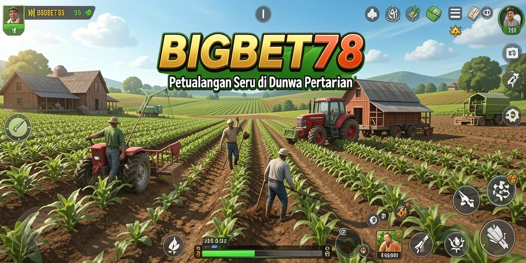 Screenshot menunjukkan gameplay seru di BIGBET78, penuh warna dan aktivitas bertani.