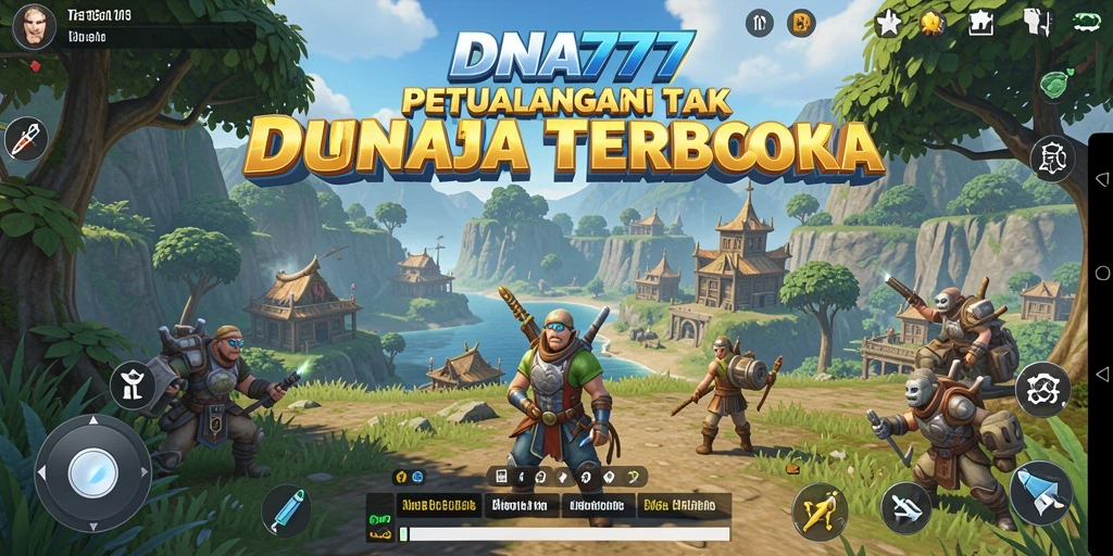 Screenshot gameplay DNA777 yang menampilkan dunia terbuka yang luas dan berwarna.