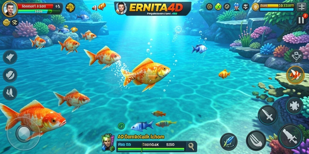 Screenshot gameplay ERNITA4D menampilkan aksi menembak ikan yang seru dan mendebarkan.