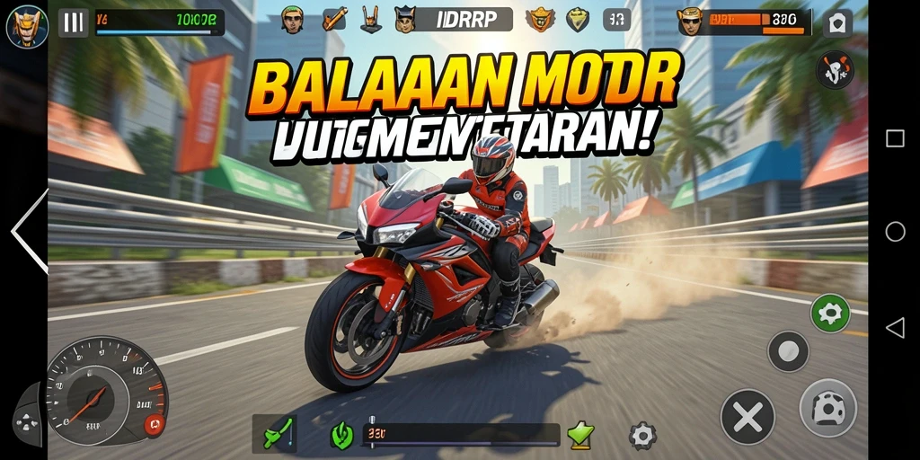 Tampilan gameplay seru dalam IDRRP dengan motor balapan cepat.