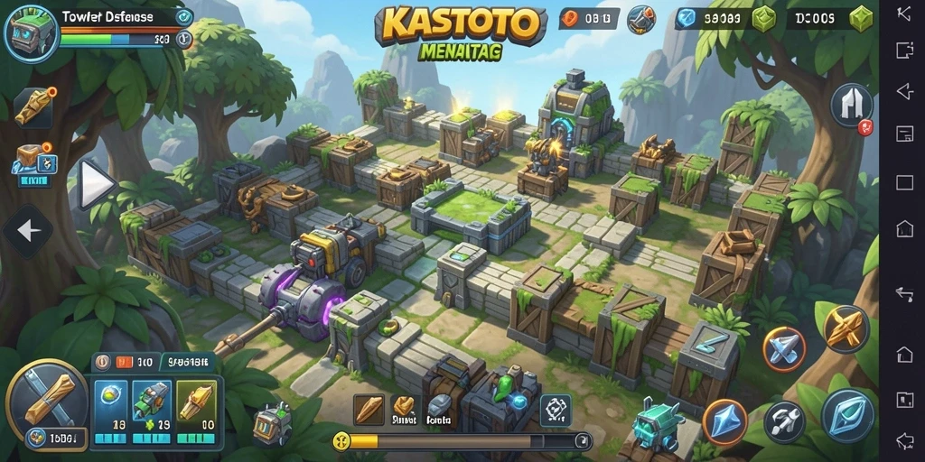 Screenshot gameplay KASTOTO yang memperlihatkan aksi menara Defense.