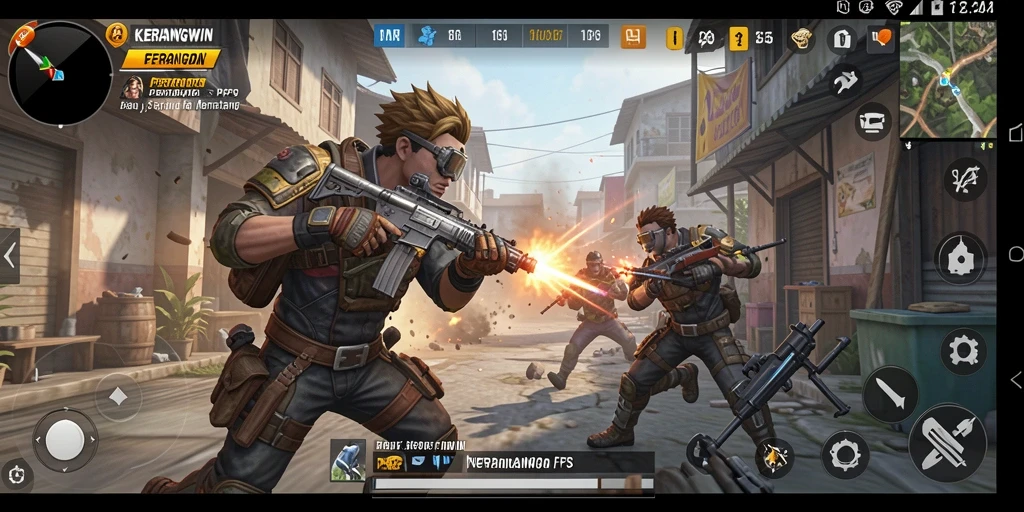 Screenshot gameplay KERANGWIN menampilkan aksi seru dalam pertempuran FPS.