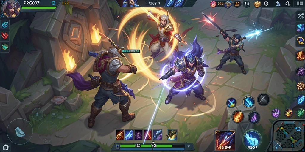 Screenshot utama PRG007 menunjukkan aksi intens dalam pertarungan MOBA.