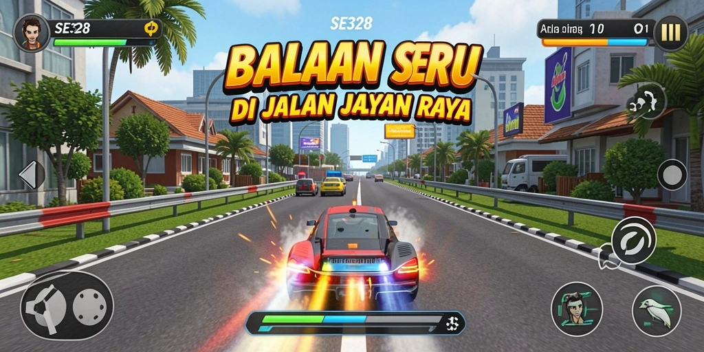 Gameplay balapan seru di SE328 dengan mobil yang melaju cepat.