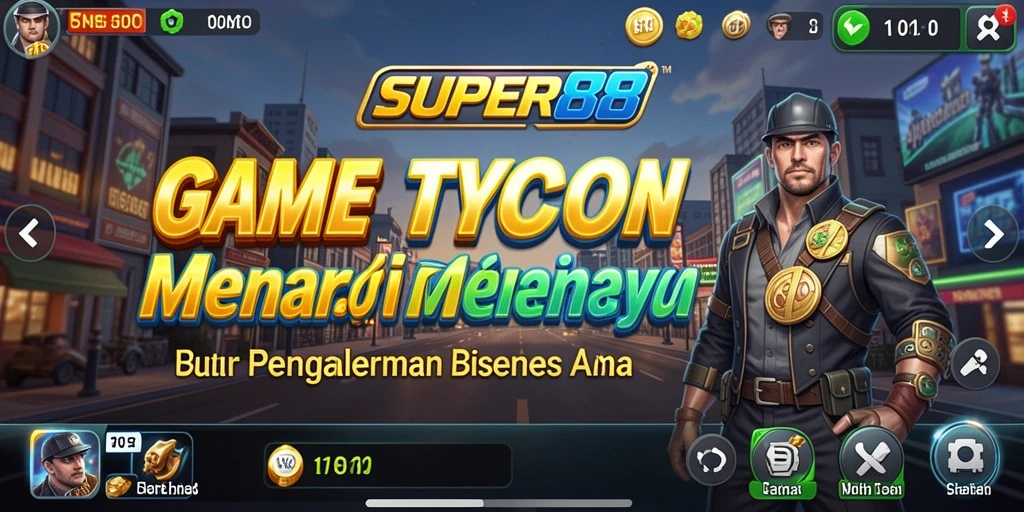 Screenshot utama SUPER88 menampilkan gameplay mengelola bisnis Tycoon.
