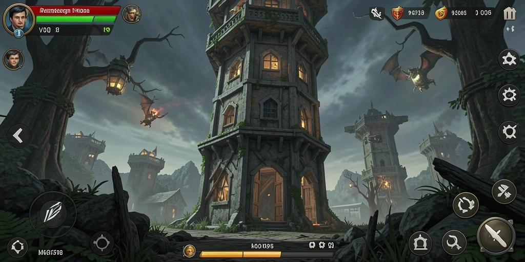 Tangkapan layar V98 menampilkan pertarungan menara yang epik dan gameplay seru.